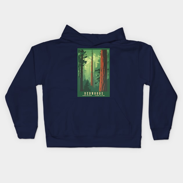 Redwoods Vintage Travel Poster Kids Hoodie by GreenMary Design